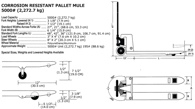 Sprecifications and drawings of corrosion resistant pallet jack