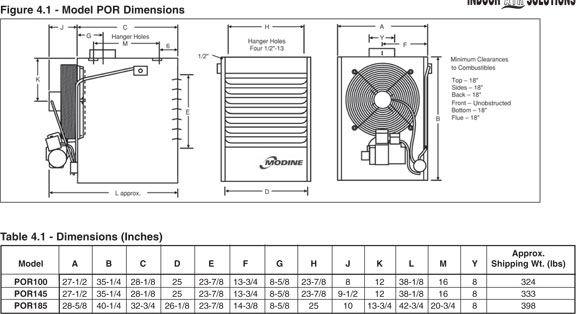 Modine model POR oil-fired unit heater dimensions